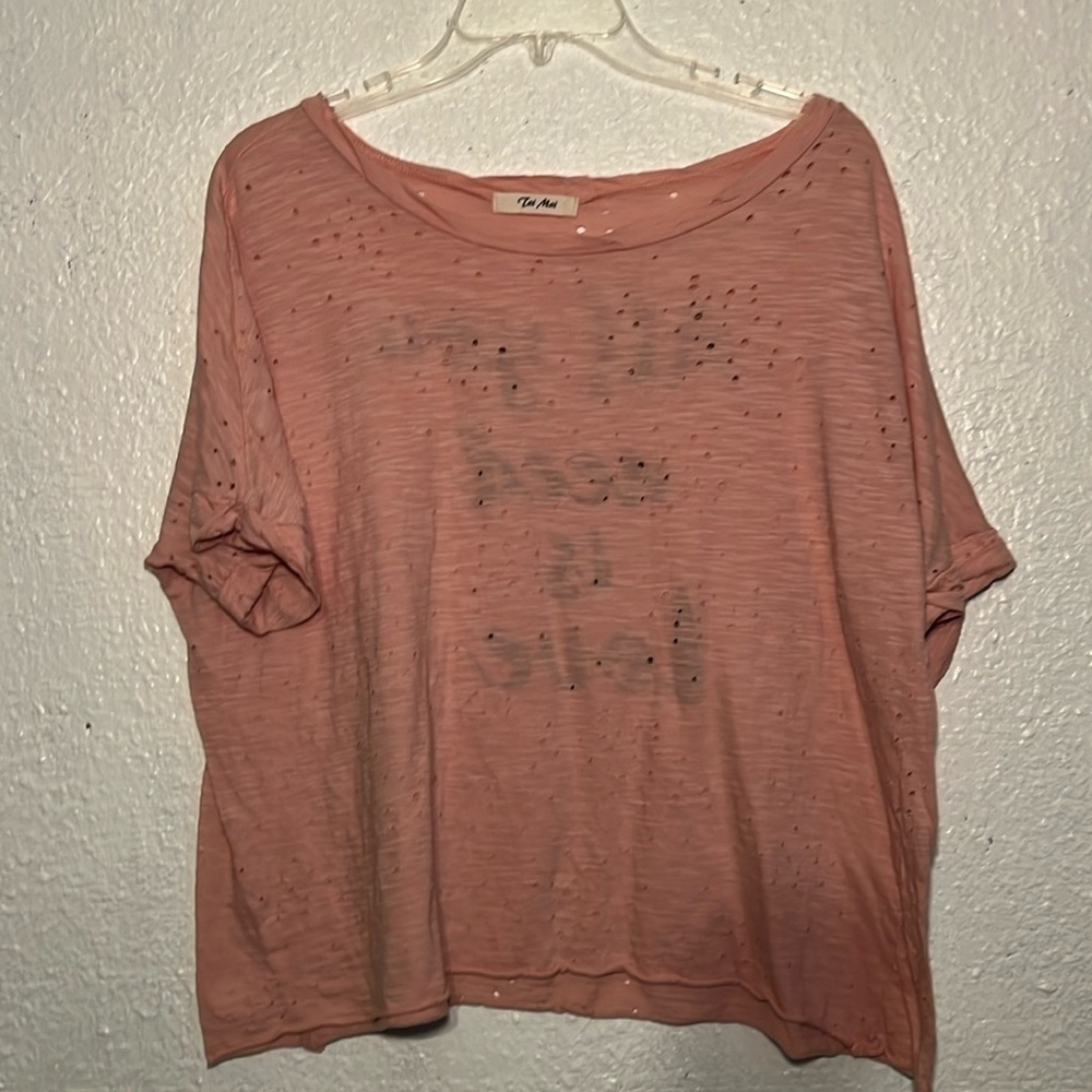 Toi Moi pink all you need is love top with holes in it as design size large